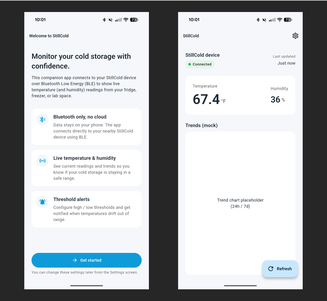 StillCold embedded system architecture and BLE data flow diagram