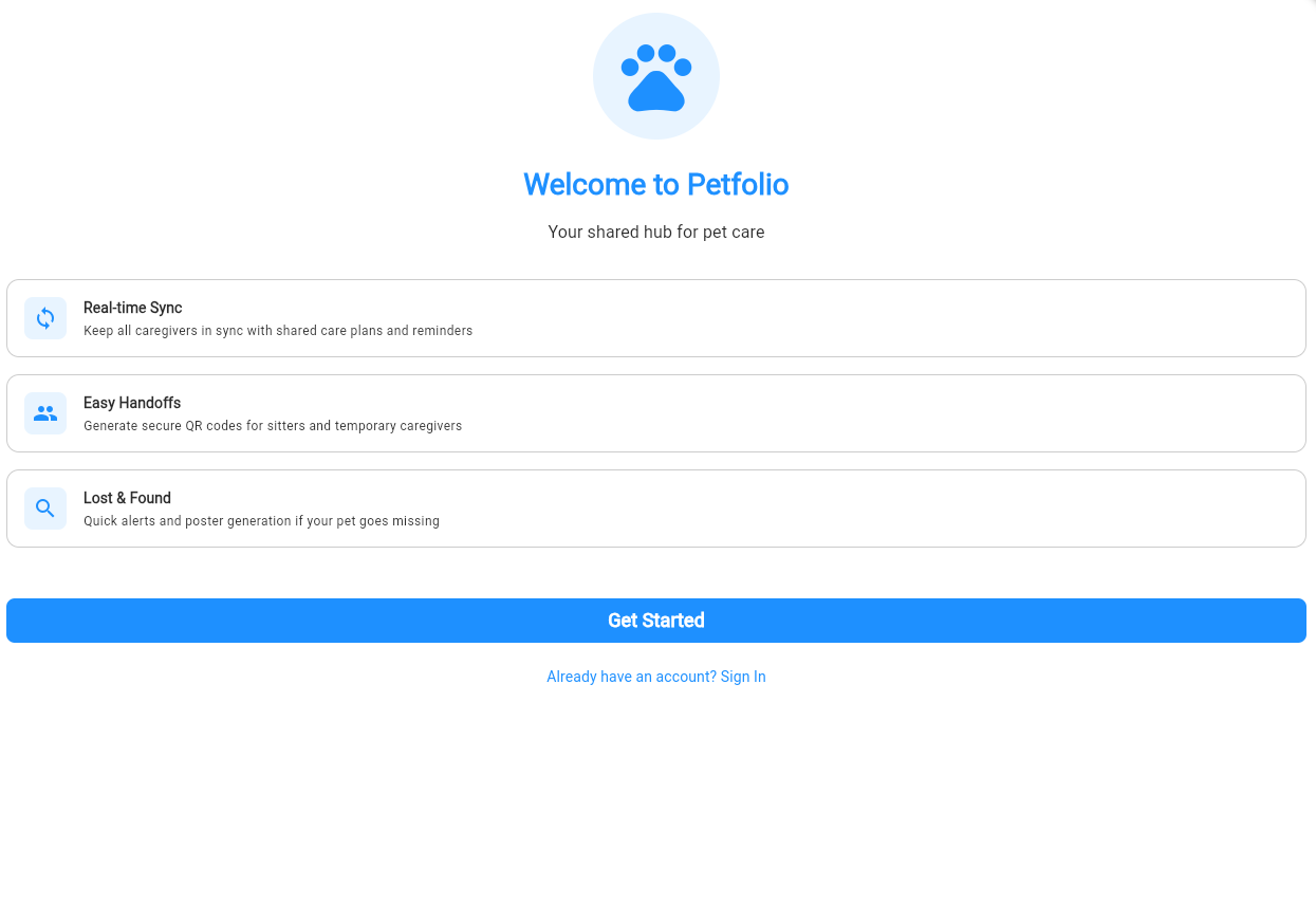 Petfolio app showing pet care management interface